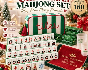 May include: A Christmas Mahjong set featuring 160 white tiles with festive holiday icons like wreaths, candy canes, and nutcrackers. Includes a green and white striped storage case with the word tiles, green racks, and a red velvet game mat.