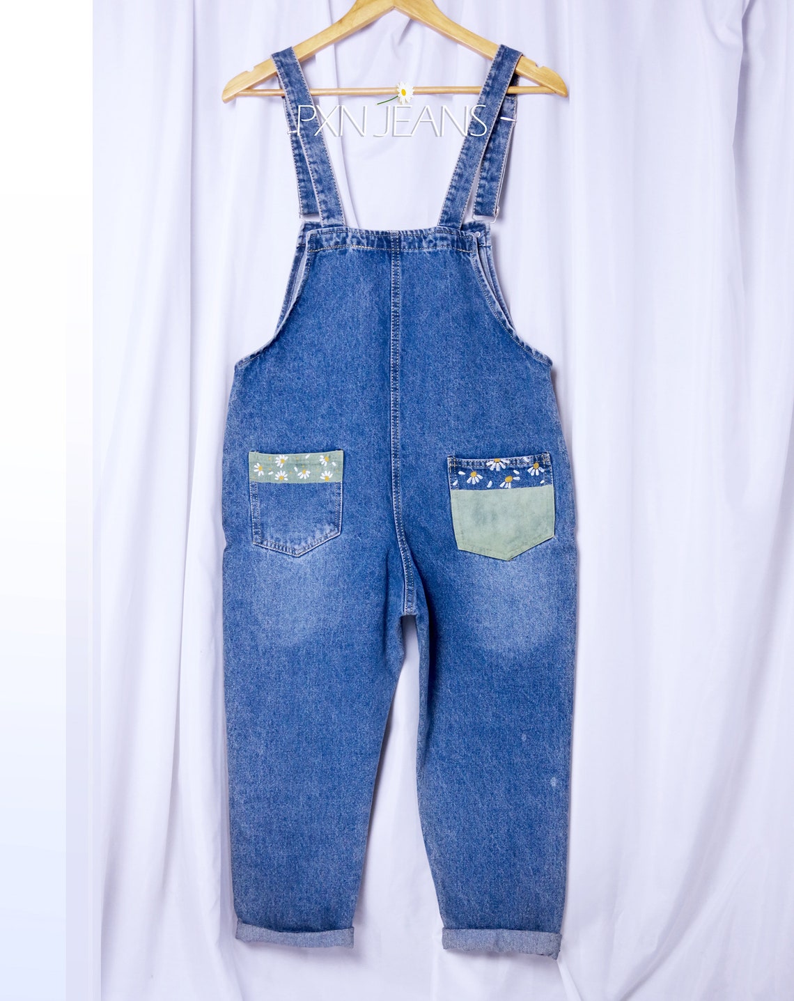 Painted Overalls Jeans Daisy Floral Blue Painted Denim Be Etsy