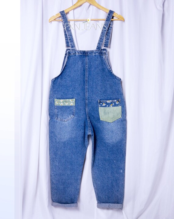 Hand-painted [size S Only] Overalls Jeans Daisy Floral Blue