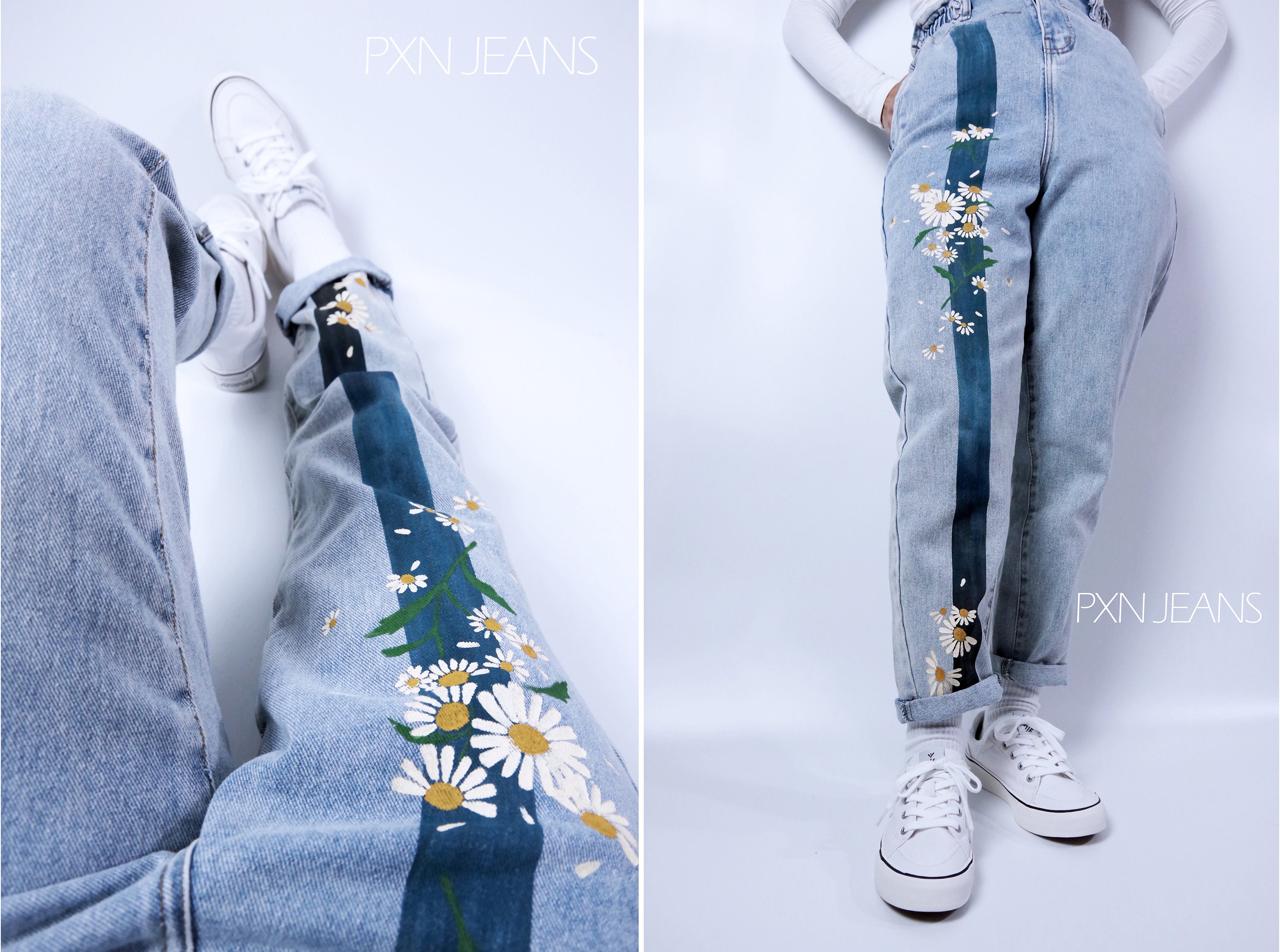 デニム・ジーパン Denim Jeans With Flower Motif Boho Painted Jeans Handpainted Jeans With Flowers Roses