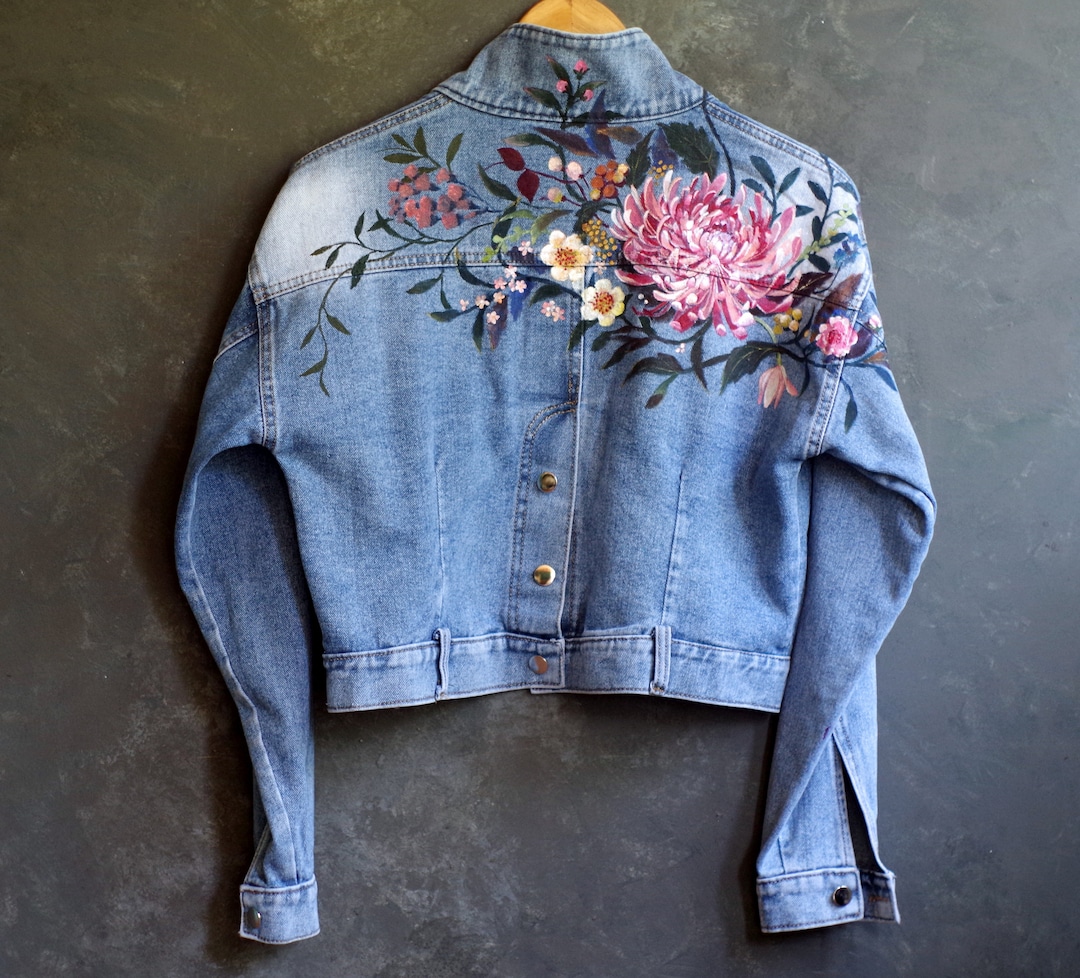 Painted Jeans Crop Top Jacket Floral Floral Painting Painted - Etsy