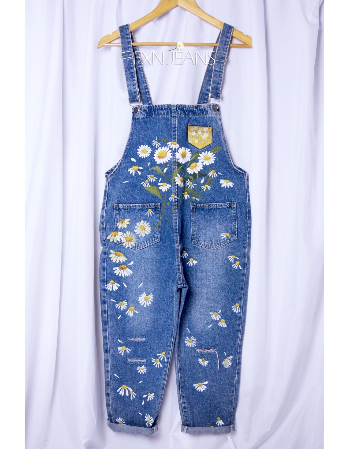 Painted Overalls Jeans Daisy Floral Blue Painted Denim Be Etsy