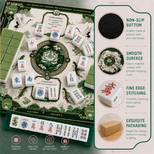 K&ouml;nnte beinhalten: Ein Mahjong-Spielset mit einer gr&uuml;n-wei&szlig;en Spielmatte mit Lotus- und Kranichmotiven, 160 wei&szlig;en Spielsteinen mit roten, blauen und gr&uuml;nen Schriftzeichen sowie einer rutschfesten Gummibasis. Enth&auml;lt feine Randn&auml;hte und eine braune Pappschachtel.