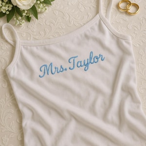 Embroidered Spaghetti Strap Tank Top, Mrs. Tank, Bride T-Shirt, Bridal Shower Gift, Engagement Gift, Bridal Tank Top, Mrs. Baby Tee,