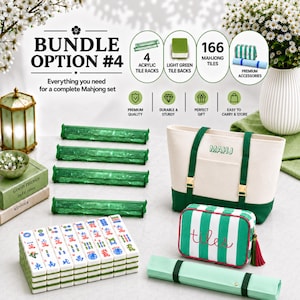 K&ouml;nnte beinhalten: Ein Mahjong-Spielset bestehend aus 166 Spielsteinen, 4 gr&uuml;nen Acryl-Spielsteinhaltern, einer cremefarbenen und gr&uuml;nen Segeltuchtasche mit der Aufschrift MAHJ, einer gr&uuml;n-wei&szlig; gestreiften Rei&szlig;verschlusstasche mit der Aufschrift tiles und einer hellgr&uuml;nen Matte.