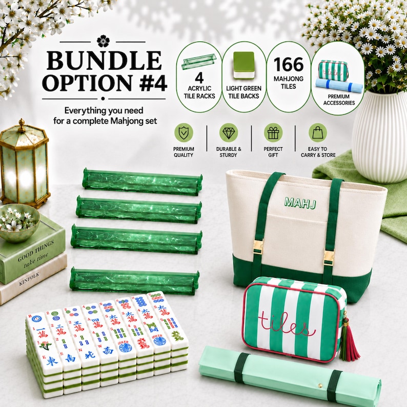 K&ouml;nnte beinhalten: Ein Mahjong-Spielset bestehend aus 166 Spielsteinen, 4 gr&uuml;nen Acryl-Spielsteinhaltern, einer cremefarbenen und gr&uuml;nen Segeltuchtasche mit der Aufschrift MAHJ, einer gr&uuml;n-wei&szlig; gestreiften Rei&szlig;verschlusstasche mit der Aufschrift tiles und einer hellgr&uuml;nen Matte.