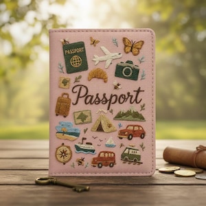 Könnte beinhalten: Ein rosa Reisepasshülle mit gestickten Reise-Designs. Die Hülle zeigt einen Reisepass, ein Flugzeug, eine Kamera und andere Reise-Icons. Das Wort "Passport" ist in einer Schreibschrift gestickt. Die Hülle besteht aus einem weichen, strukturierten Material.