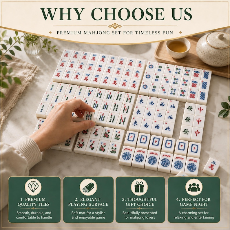 K&ouml;nnte beinhalten: Ein Mahjong-Set mit wei&szlig;en rechteckigen Spielsteinen, die mit verschiedenen roten, blauen und gr&uuml;nen eingravierten Schriftzeichen, Symbolen und Blumenmotiven versehen sind. Die Steine sind in Reihen angeordnet und zeigen Richtungsbuchstaben und Joker-Beschriftungen.