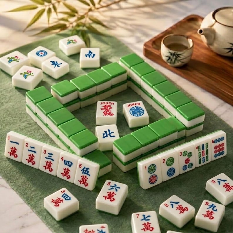 May include: A Mahjong set featuring white tiles with green backs, displaying various Chinese characters, numbers, and symbols in red, blue, and green ink. The tiles are arranged in rows and stacks on a green felt surface, including two Joker tiles.