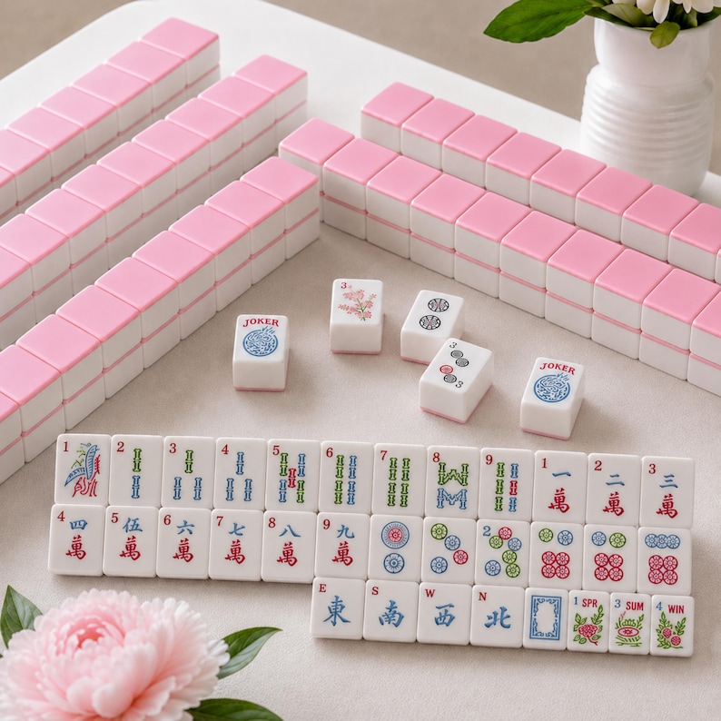 May include: A set of Mahjong tiles featuring a white base with pink backs. The tiles display various traditional symbols, Chinese characters, and floral designs in red, blue, green, and black ink. Several tiles are arranged in rows, while others are scattered.