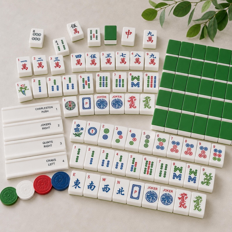 May include: A Mahjong set featuring white tiles with red, blue, green, and black characters, symbols, and dragon motifs. The set includes four white rectangular racks labelled with text, several solid green tiles, and four circular coloured tokens.