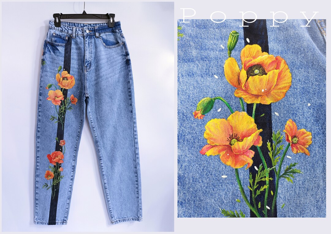 【GRAVER】Flower Smile Embroidery Wide Denim Pants Upcycled Floral Embroidery Jeans, Ladies Size 8, Butterflies