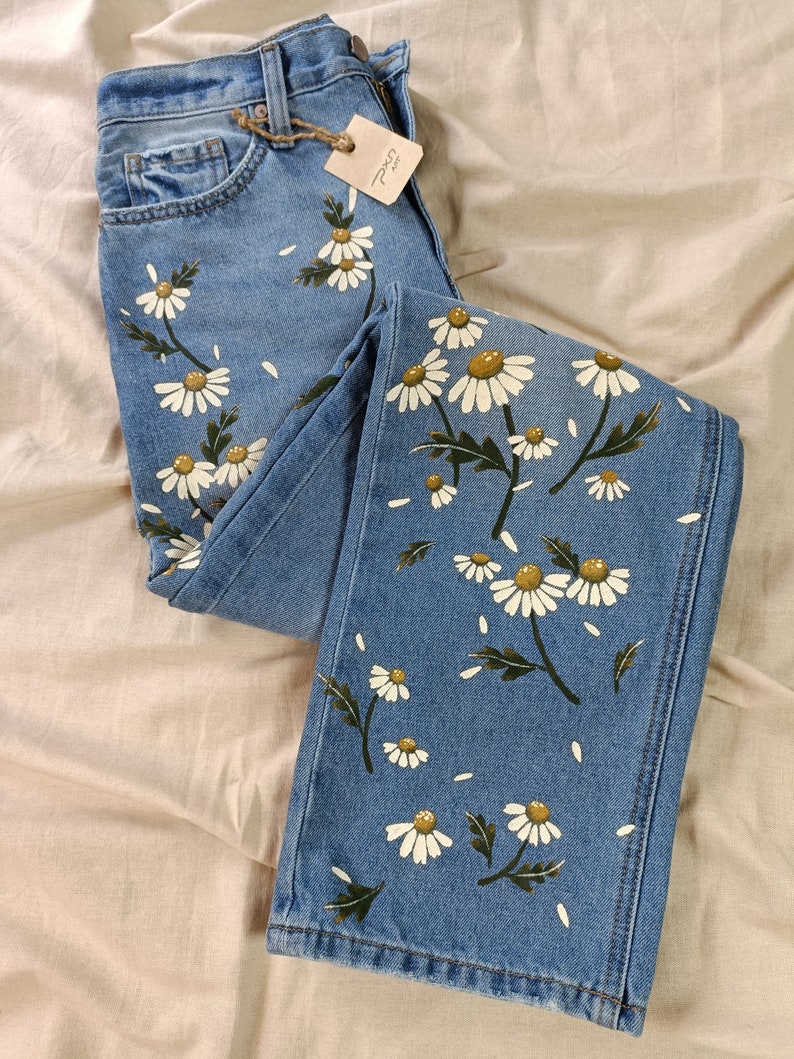 Painted Jeans Daisy Floral Painted Denim Be Amazing - Etsy