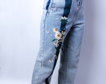 【COLOR iN ID】Side hand painted jeans Angel Devil Ladies Green Art Painted Jeans Size W34 L31 Made