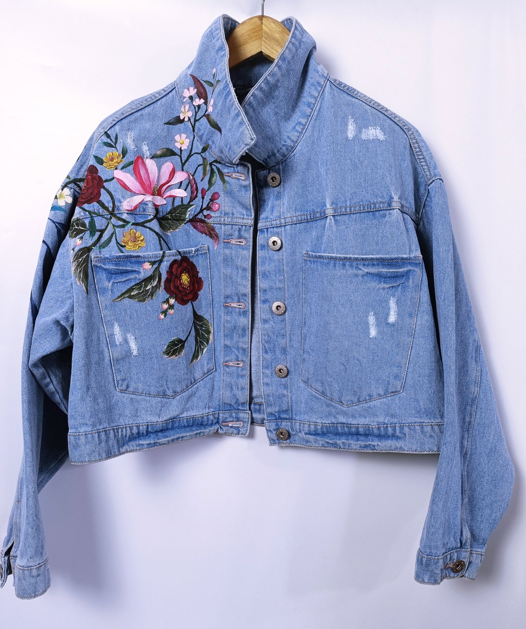 Painted Jeans Crop Top Jacket Floral Floral Painting Painted Denim - Etsy