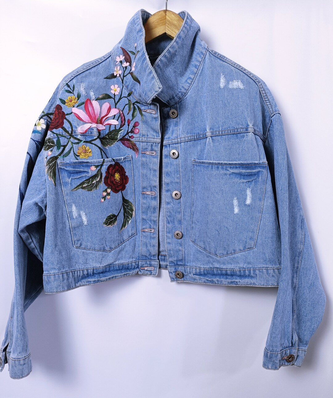 Buy Painted Jeans Crop Top Jacket Floral Painted Denim Wearable Art Custom  Jeans Artisan Jeans Unique Denim Custom Painted Clothing Online in India 
