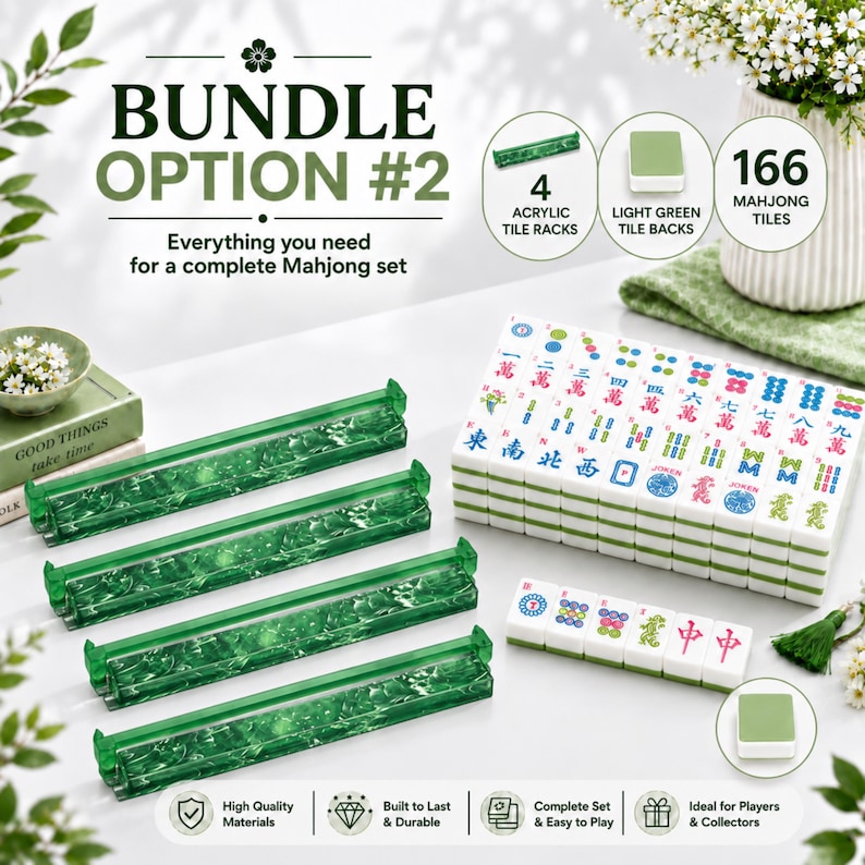 K&ouml;nnte beinhalten: Ein Mahjong-Set bestehend aus 166 Spielsteinen mit wei&szlig;en Vorderseiten und hellgr&uuml;nen R&uuml;ckseiten sowie vier gr&uuml;nen Acryl-Halterungen. Das Set enth&auml;lt verschiedene Schriftzeichen-, Farb- und Drachensteine. Text: BUNDLE OPTION #2.