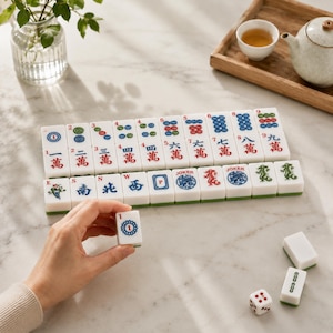 K&ouml;nnte beinhalten: Ein Set aus wei&szlig;en Mahjong-Spielsteinen mit farbigen chinesischen Schriftzeichen, Zahlen und Symbolen. Die Steine sind in zwei Reihen angeordnet, ein Stein wird separat gehalten. Ein wei&szlig;er W&uuml;rfel und zwei leere Steine liegen daneben.