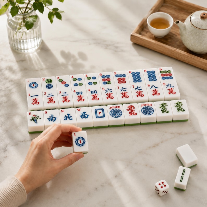 K&ouml;nnte beinhalten: Ein Set aus wei&szlig;en Mahjong-Spielsteinen mit farbigen chinesischen Schriftzeichen, Zahlen und Symbolen. Die Steine sind in zwei Reihen angeordnet, ein Stein wird separat gehalten. Ein wei&szlig;er W&uuml;rfel und zwei leere Steine liegen daneben.