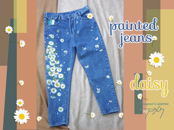 Painted Jeans Daisy Floral Slim Blue Painted Denim Be - Etsy Finland