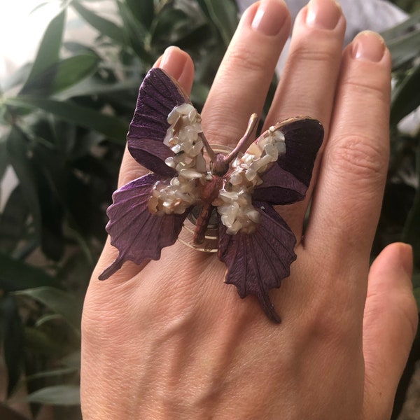 Seashell Butterfly Ring with Stainless Steel Band fits Size 8 US