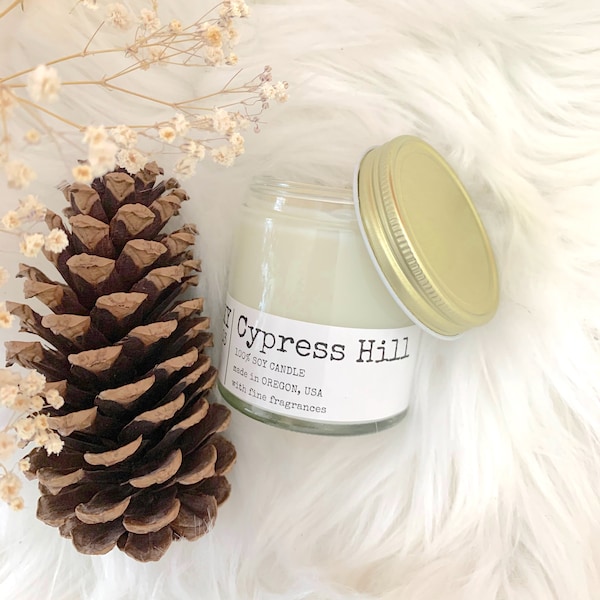 Cypress Hill Soy Candle - earthy - hiking in the woods - bookish candle - fun candle- candle snuffer - teakwood candle - tobacco candle
