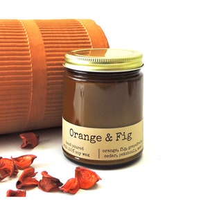 Orange & Fig Soy Candle - top seller - patchouli isn't too strong - cedar with moss - Made in Oregon - hints of grapefruit too - mossy