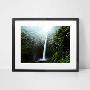 May include: A framed photograph of a waterfall cascading down a lush green cliffside. The waterfall is surrounded by tropical foliage and the sunlight shines through the trees.