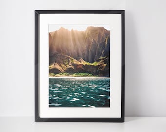 Na Pali Coast Kauai Hawaii Print Na Pali Poster Kauai Ocean Art Sunset Sea cliffs Photography Tropical Island Decor Pacific Islands Art