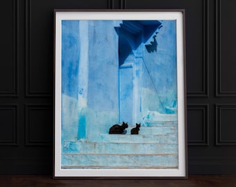 Chefchaouen Morocco Print Black Cat Print Blue Pearl City Poster Morocco Photography Moroccan Wall Art Travel Print Cat home decor Poster