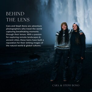 May include: Two women stand in front of a waterfall, smiling at the camera. They are wearing winter clothing, including hats and sweaters. The text "BEHIND THE LENS" is at the top of the image, and the text "CARA & STEPH BONO" is at the bottom of the image.