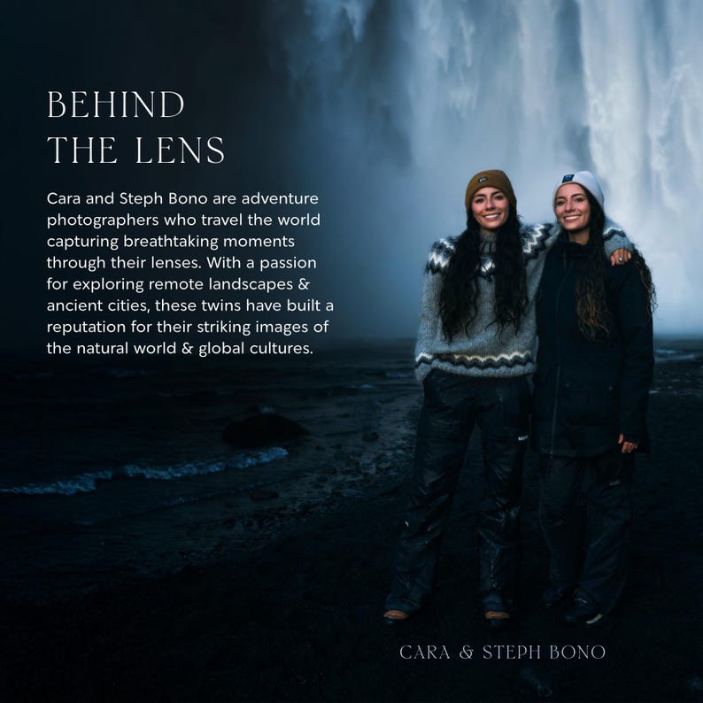 May include: Two women stand in front of a waterfall, smiling at the camera. They are wearing winter clothing, including hats and sweaters. The text "BEHIND THE LENS" is at the top of the image, and the text "CARA & STEPH BONO" is at the bottom of the image.