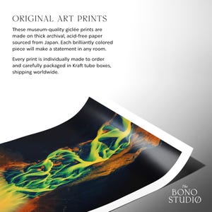 May include: A close-up of a high-quality art print featuring a vibrant green and orange abstract design. The print is made on thick archival, acid-free paper and is individually made to order. The print is carefully packaged in a Kraft tube box and shipped worldwide. The Bono Studio logo is visible in the bottom right corner.