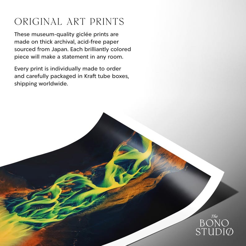 May include: A close-up of a high-quality art print featuring a vibrant green and orange abstract design. The print is made on thick archival, acid-free paper and is individually made to order. The print is carefully packaged in a Kraft tube box and shipped worldwide. The Bono Studio logo is visible in the bottom right corner.