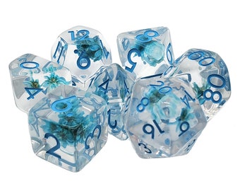 Old School 7 Piece Dnd Rpg Dice Set: Infused - Iridescent Blue Flower