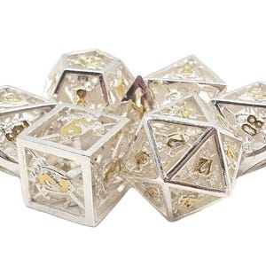 Hollow Sword & Shield Dice - Silver w/ Gold Old School 7 Piece DnD RPG Metal Dice Set