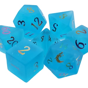 Frosted Blast Glass - Blue Sapphire w/ Spectral - Old School 7 Piece DnD RPG Dice Set