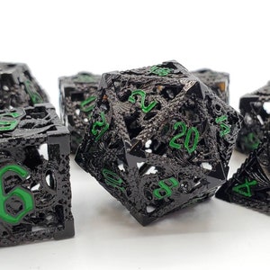 Hollow Dragon Dice - Black w/ Green - Old School 7 Piece DnD RPG Metal Dice Set