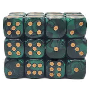 May include: Sixteen green dice with gold-colored pips are stacked in a rectangular formation. The dice have a marbled appearance, with dark green and lighter green swirls. Each die has a different number of pips, from one to six.