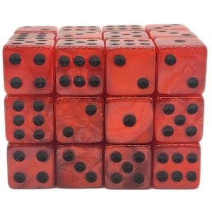 May include: A collection of sixteen red dice with black dots arranged in a cube formation. Each die has a marbled appearance and the dots are evenly spaced, showing numbers from one to six.