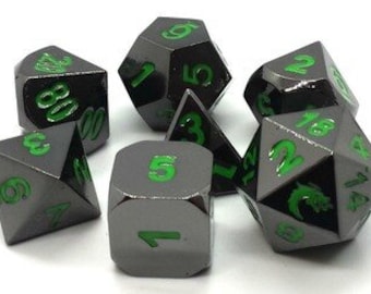 Halfling Forged - Black Nickel W/ Green - Old School 7 Piece Dnd Rpg Metal Dice Set