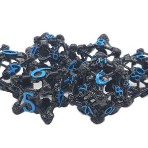 Hollow Skull Dice - Black Nickel w/ Blue Old School 7 Piece DnD RPG Metal Dice Set