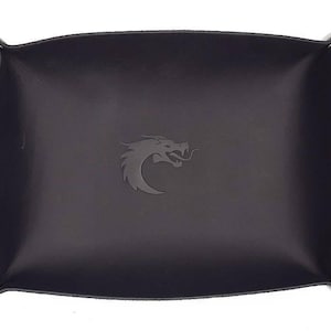 May include: Black leather dice tray with a dragon logo embossed on the front.