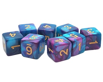 May include: Set of eight purple and blue dice with gold numbers. The dice are marbled with swirls of purple and blue.