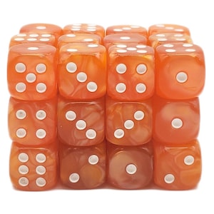 May include: A collection of orange dice with white dots, arranged in a cube formation. The dice have a marbled appearance, and the dots are clearly visible. The image is well-lit, showcasing the dice's color and design.