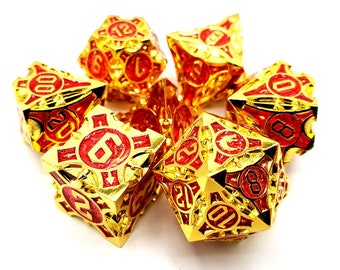 Gnome Forged - Gold w/ Red Old School 7 Piece DnD RPG Metal Dice Set