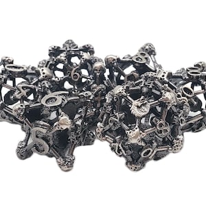 Hollow Skull Dice - Ancient Silver Old School 7 Piece DnD RPG Metal Dice Set