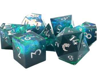 Sharp Edged - Emerald Forest Green - Iridescent Foil - Old School 7 Piece DnD RPG Dice Set