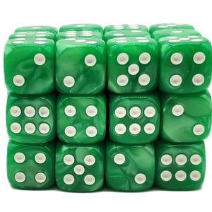 May include: A stack of sixteen green dice with white pips. The dice have a marbled appearance and are arranged in four rows of four. The pips are white and clearly visible on each die, indicating the numbers one through six.