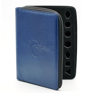 May include: A blue leather zippered case with a dragon logo embossed on the front. The case opens to reveal a black foam interior with cutouts for dice.